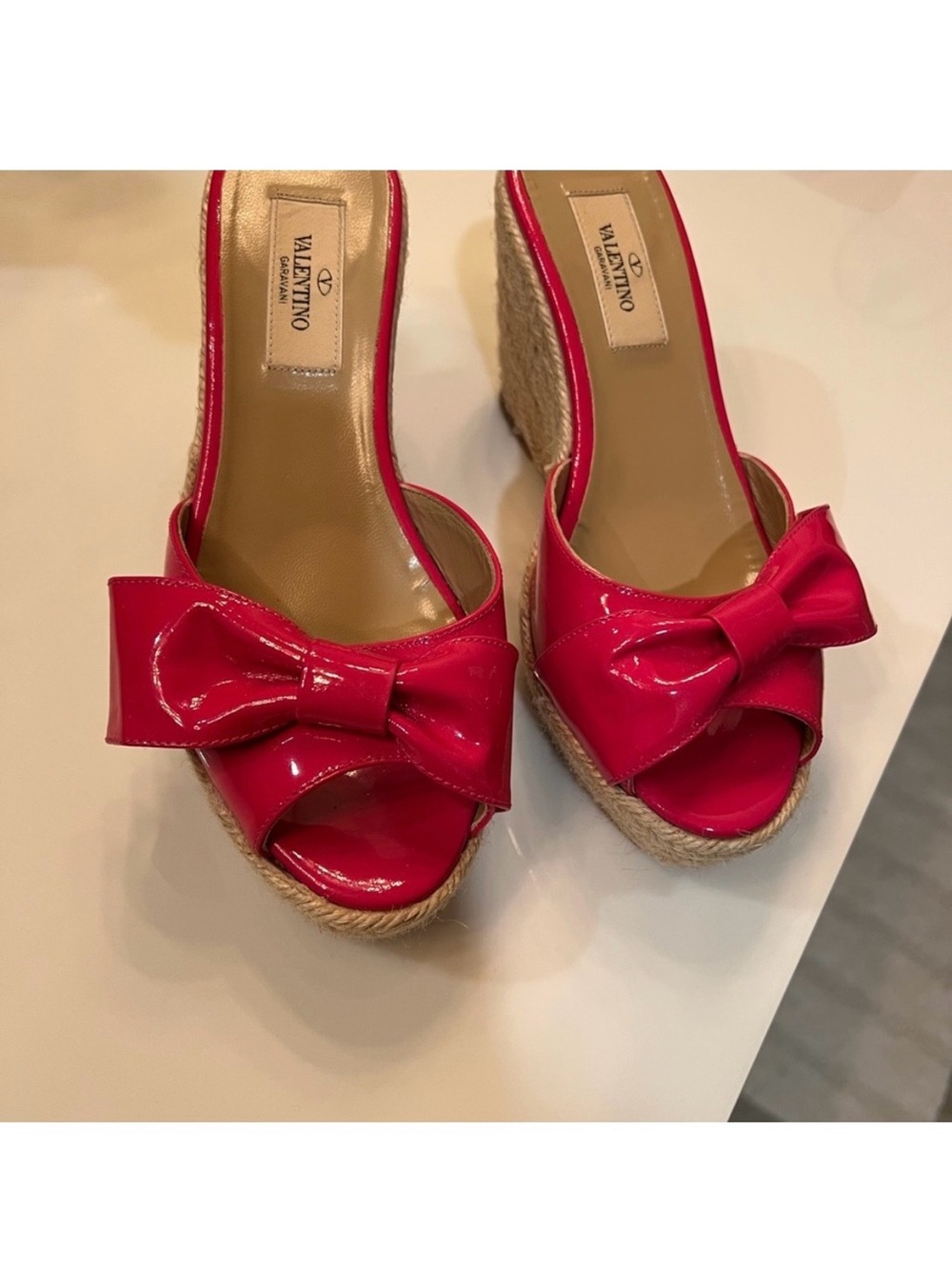 Valentino Garavani Patent Pink Bow Wedge Espadrilles